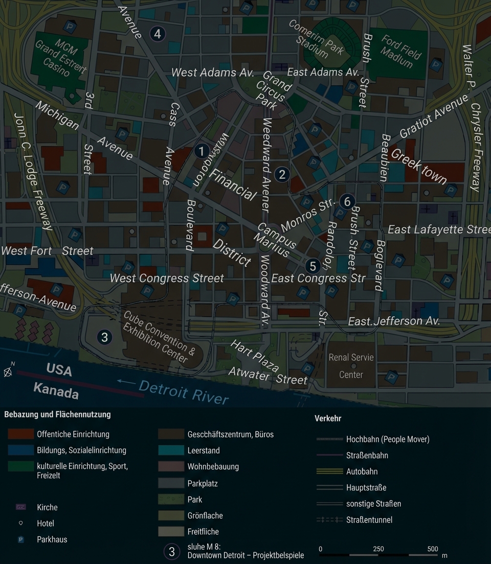 Stadtplan von Downtown Detroit am Detroit River mit farbiger Legende zu Flächennutzung und Verkehrswegen